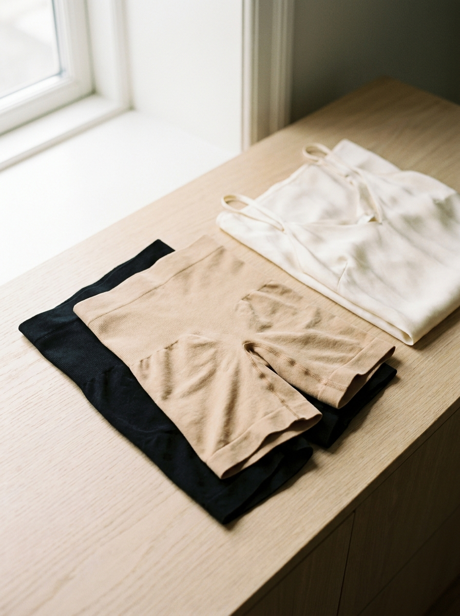 Dos shorts moldeadores doblados en negro y arena junto a un vestido de seda