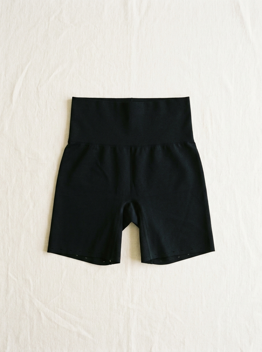 Short moldeador negro extendido en plano sobre lino, con el talle alto y el bajo a láser visibles