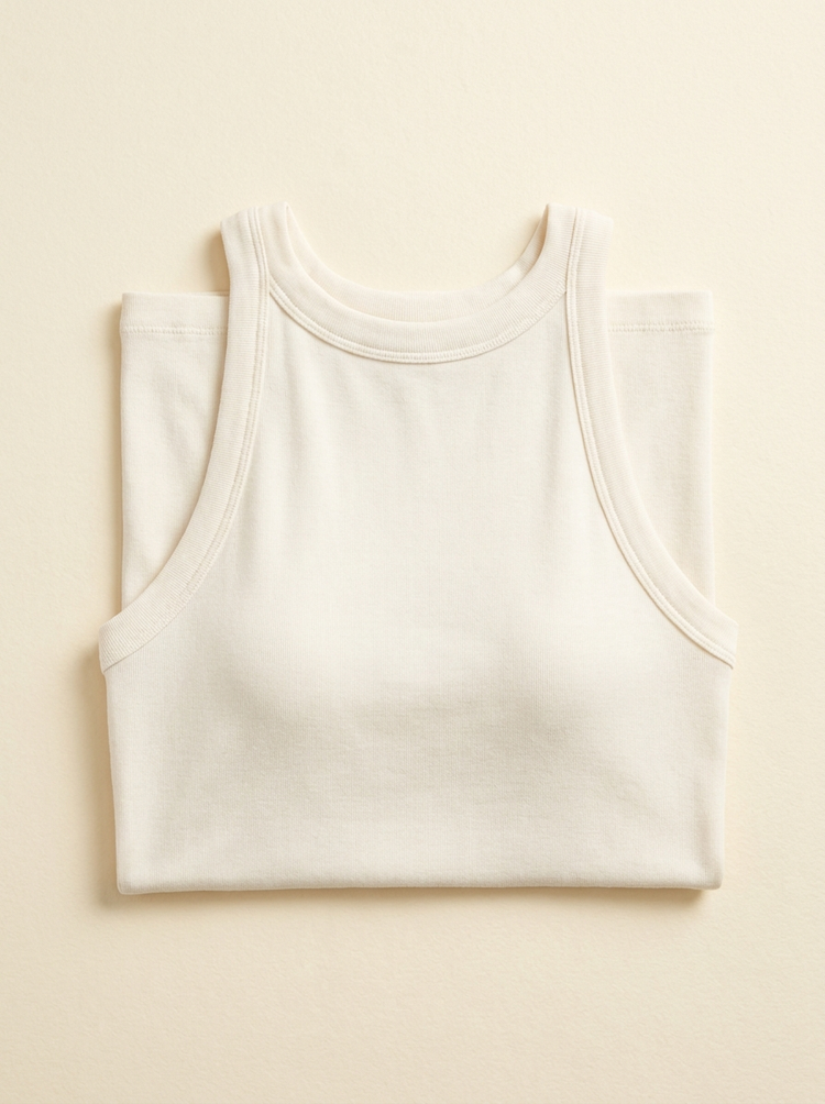 Top moldeador en blanco hueso extendido sobre fondo marfil