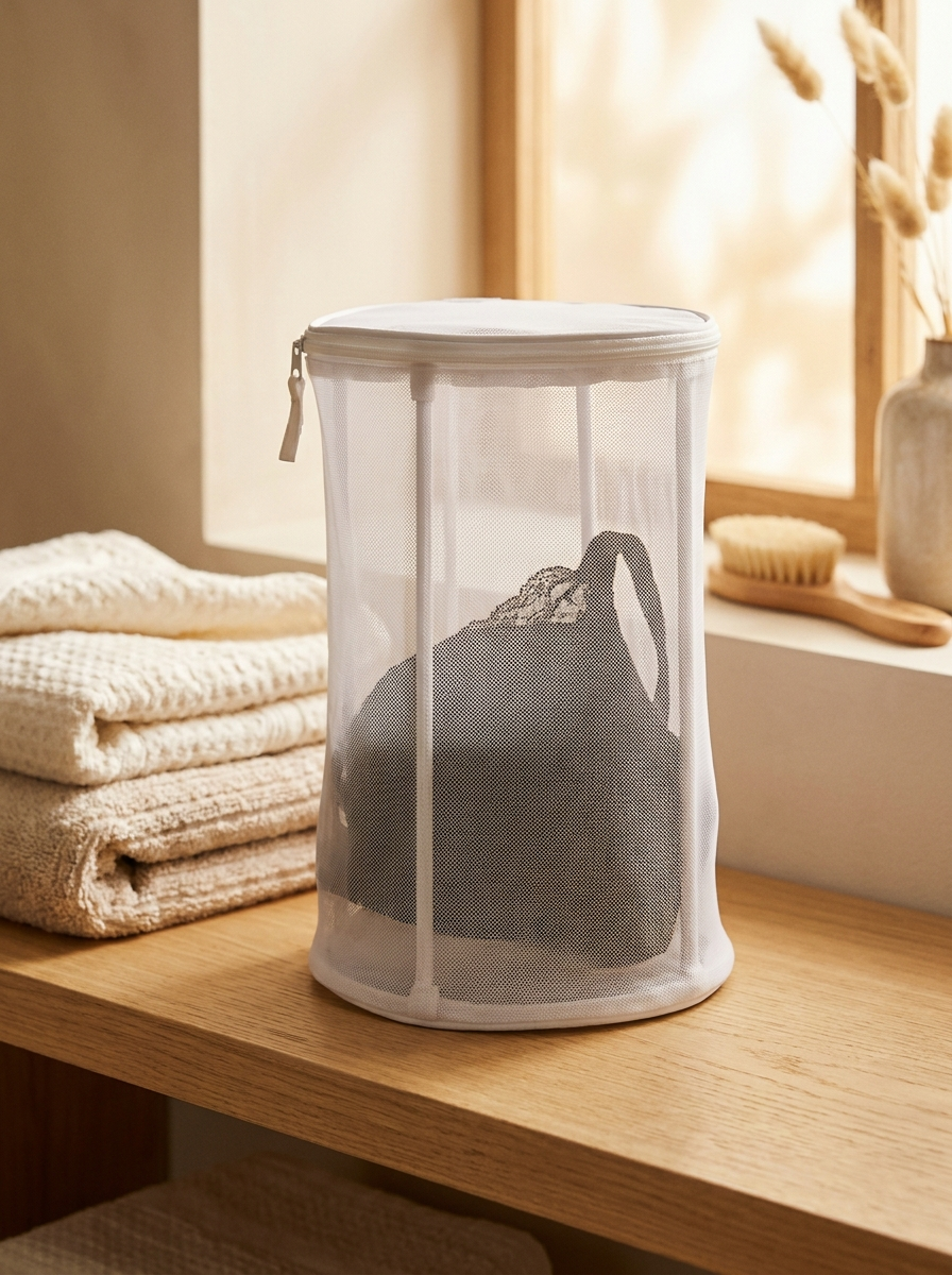 La bolsa cerrada con un sujetador negro dentro, junto a las toallas