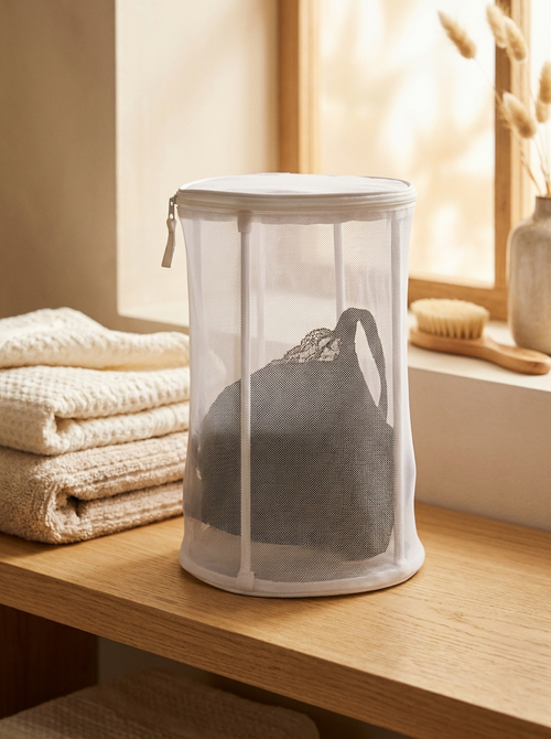 La bolsa cerrada con un sujetador negro dentro, junto a las toallas