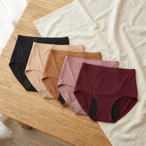 Los cinco colores de la braguita menstrual, con el panel absorbente a la vista