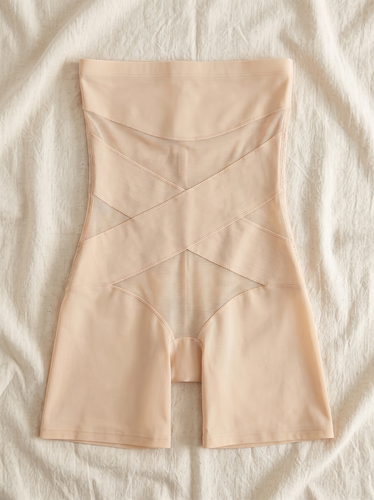 Faja short en nude arena extendida en plano sobre lino crudo
