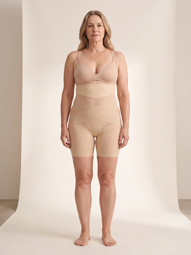 Faja short moldeadora en nude arena, vista frontal sobre modelo